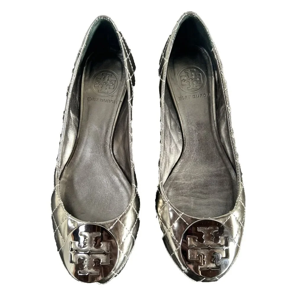 Tory Burch Quinn Pewter Metallic Quilted Leather Ballet Flats Womens Size 8.5